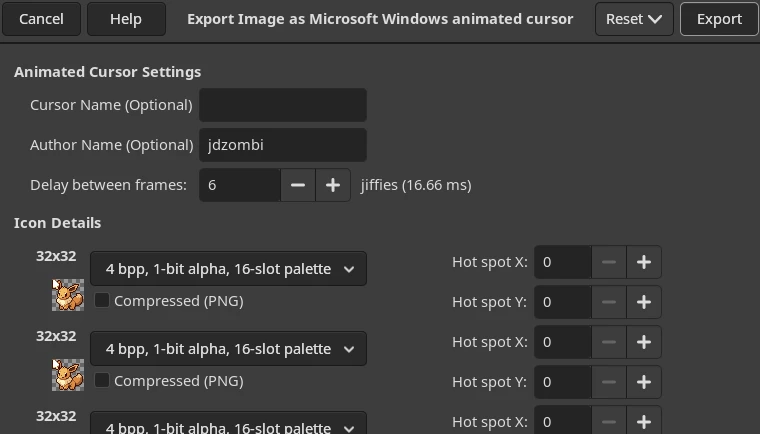Example of the file properties for exporting an ani showing hotspot and delay info