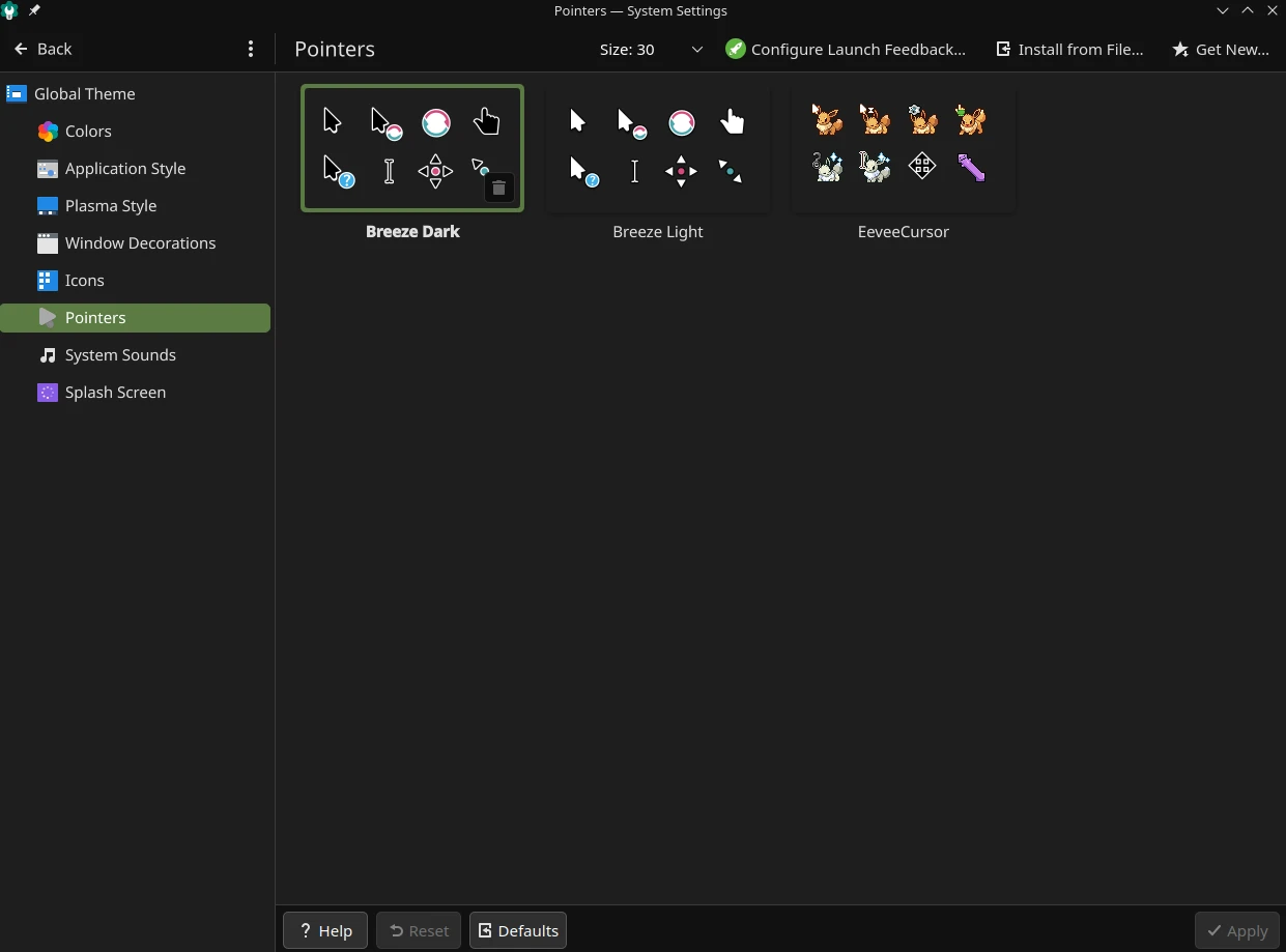 KDE Settings window showing new eevee cursors